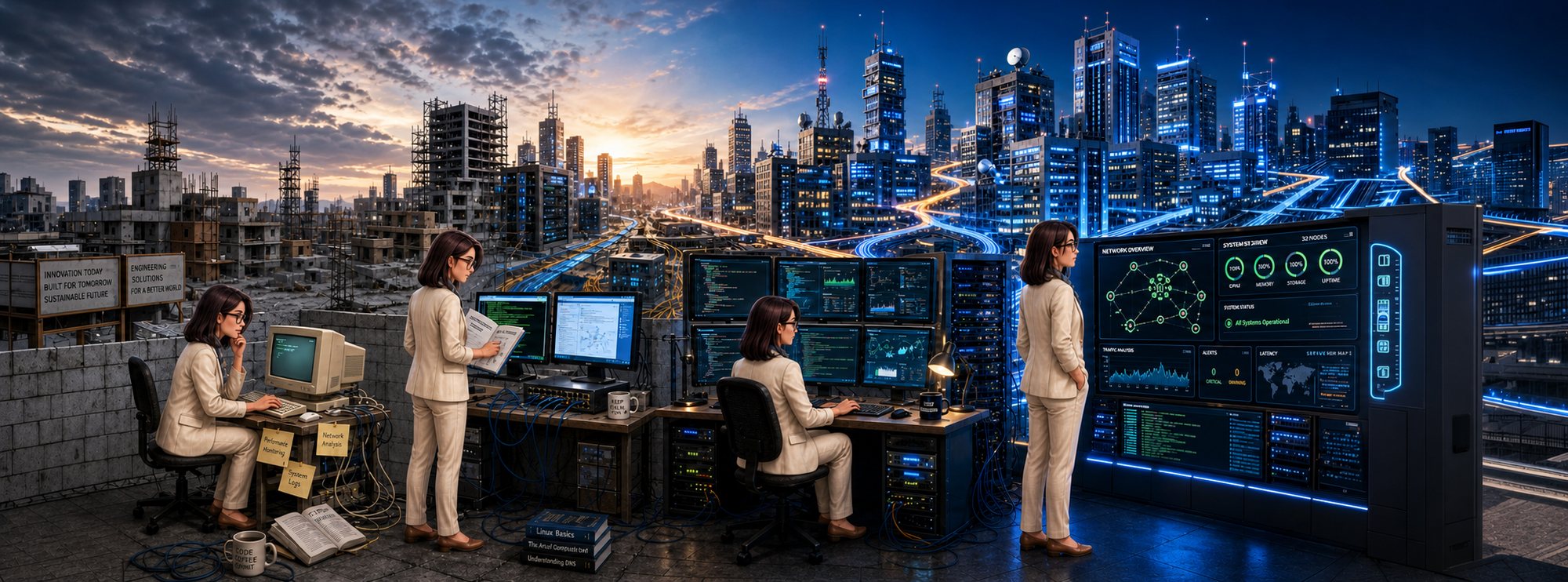 The innovLia journey in one picture: from an old computer in a half-built city to a network operations centre facing a connected metropolis.